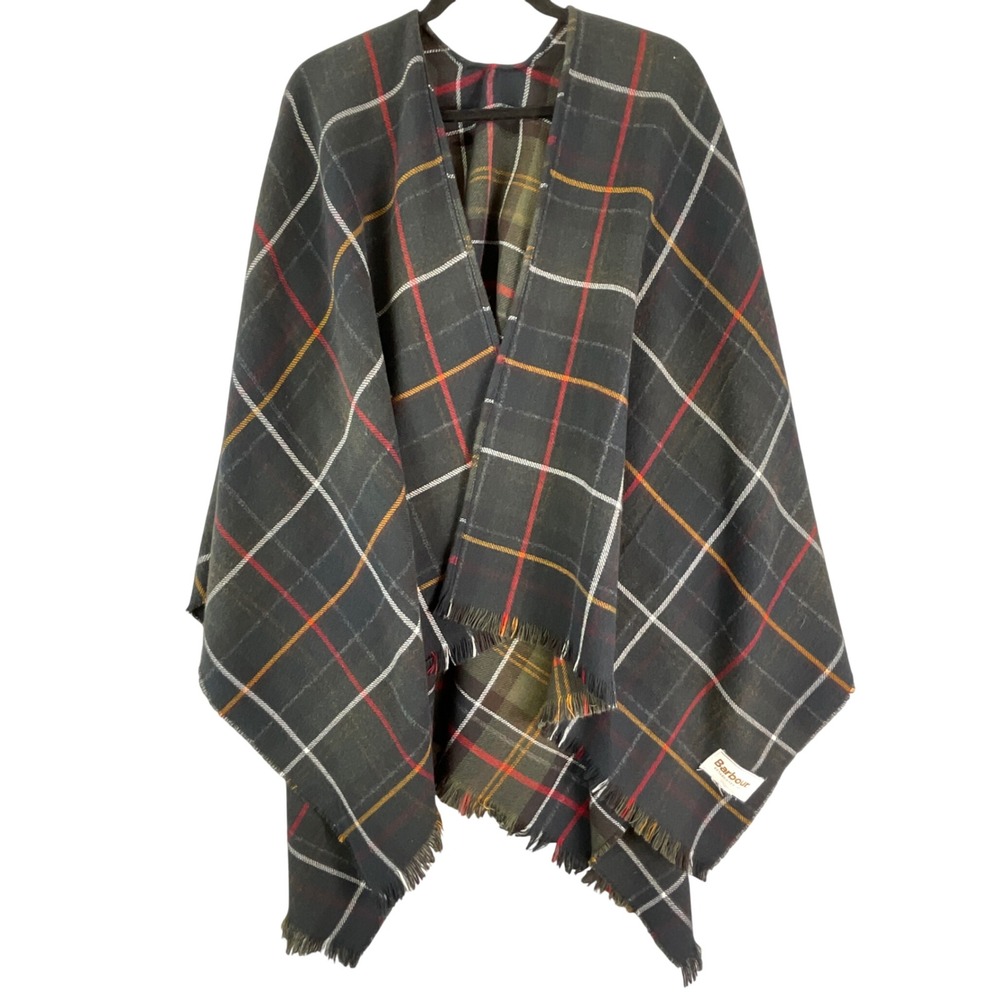 Barbour Plaid Wrap Women Green Gray Tartan Reversible Fringed Shawl Poncho
